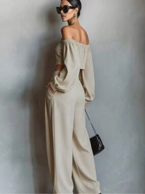 Off-Shoulder Crop Top & Wide Leg Pants Set - Cream